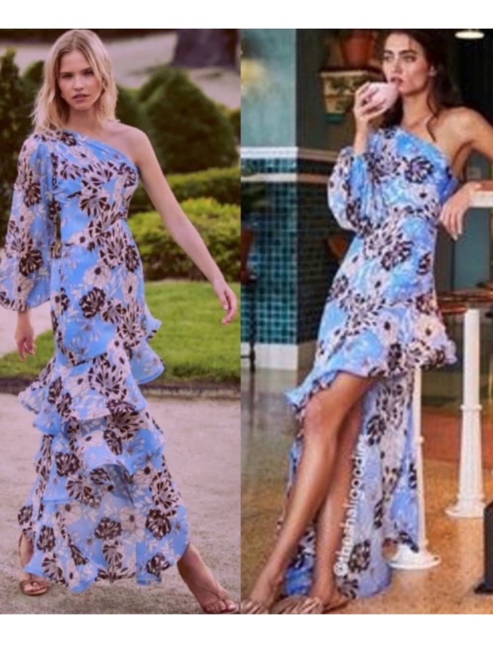 Alexis One-Shoulder High-Low Floral Dress in Sky Blue and Brown